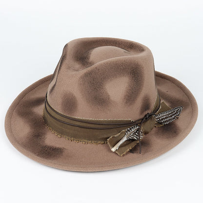 Vintage Fedora Felt Hat with Feather, Autumn Casual Wide Brim Black Jazz Cap, Classic Gentleman British Top Hat for Men