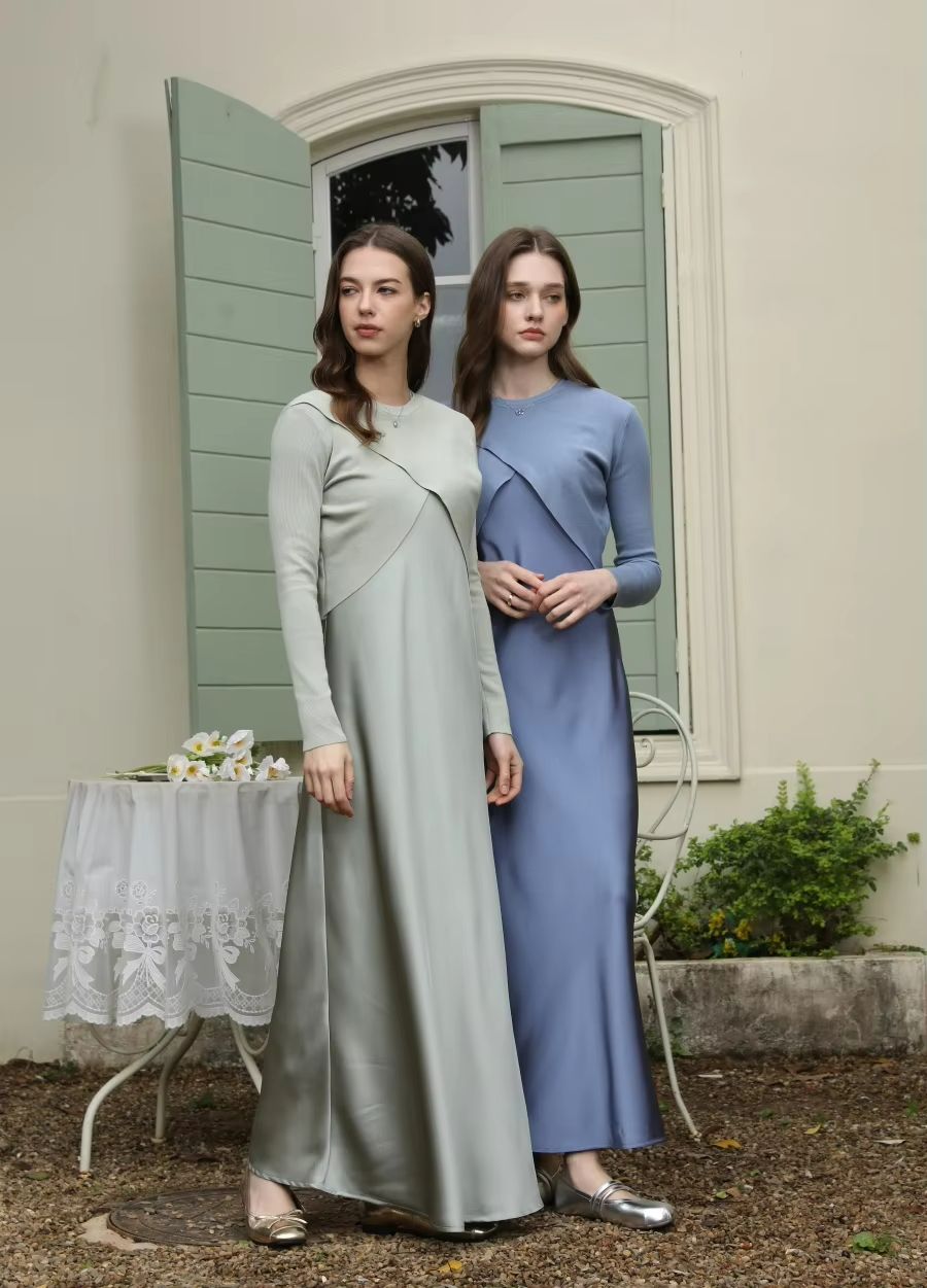 Spring Summer Satin Maxi Dress with Knitted Top – Elegant 2-Piece Set for Women
