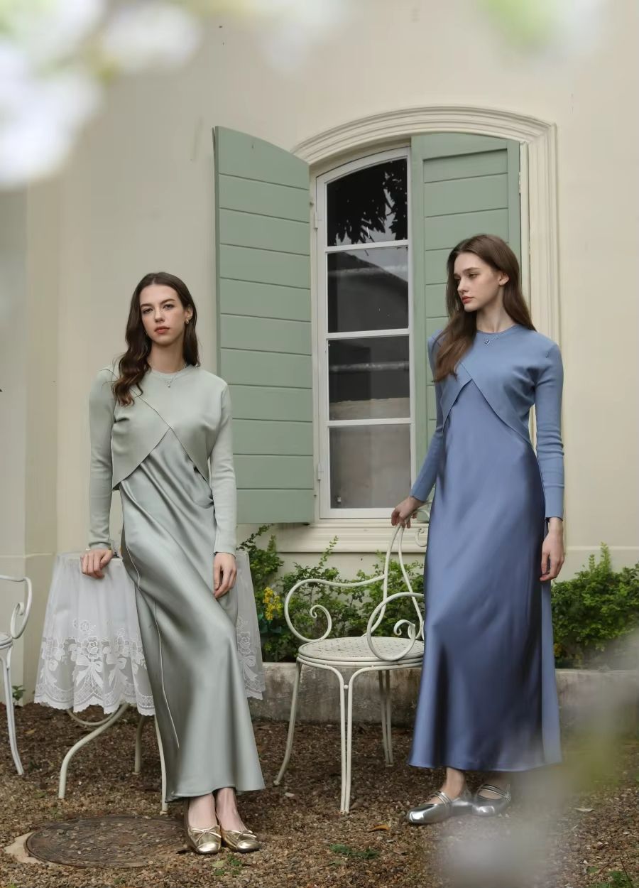 Spring Summer Satin Maxi Dress with Knitted Top – Elegant 2-Piece Set for Women