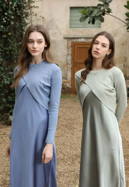 Spring Summer Satin Maxi Dress with Knitted Top – Elegant 2-Piece Set for Women