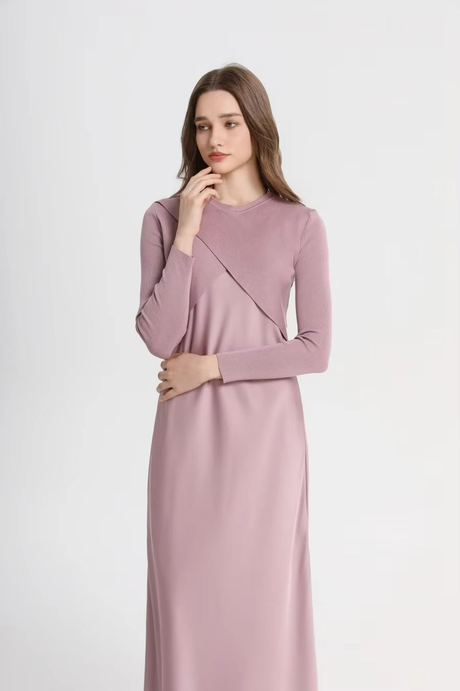 Spring Summer Satin Maxi Dress with Knitted Top – Elegant 2-Piece Set for Women