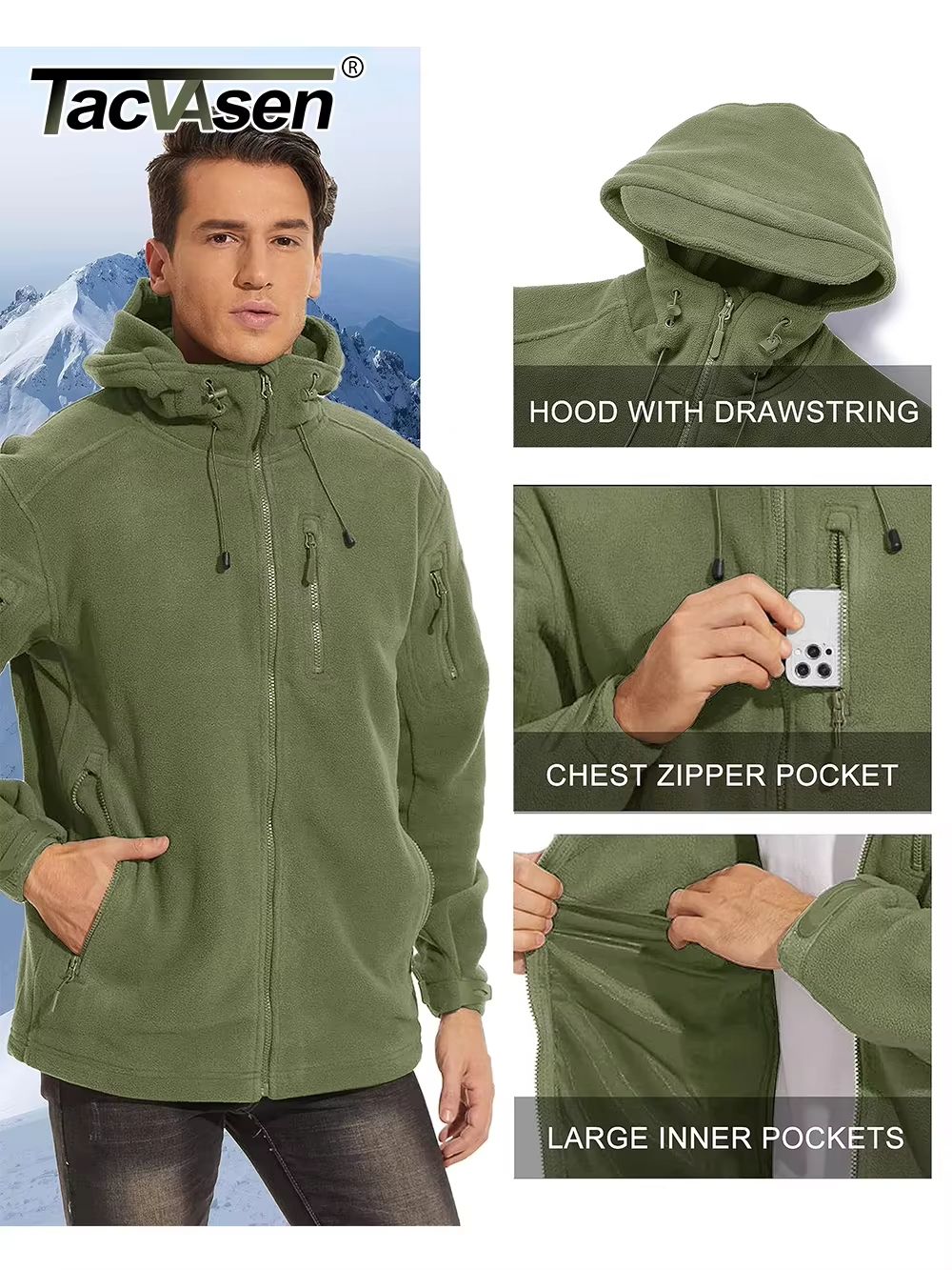 TACVASEN Men's Fleece Jacket with Hood – Full-Zip Outdoor Windproof Warm Work Coat for Spring and Winter