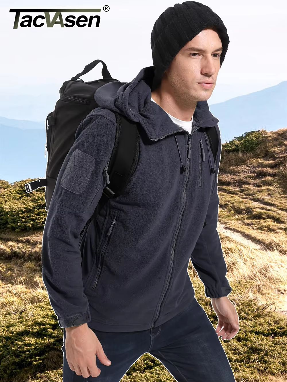 TACVASEN Men's Fleece Jacket with Hood – Full-Zip Outdoor Windproof Warm Work Coat for Spring and Winter