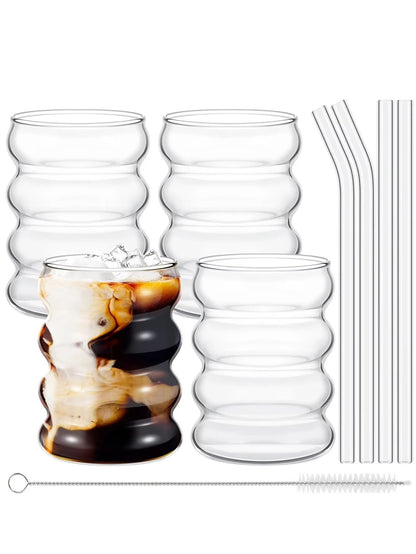 Vintage Ribbed Glass Cups with Straws – 4-Piece Aesthetic Drinking Glassware Set for Coffee, Tea & More