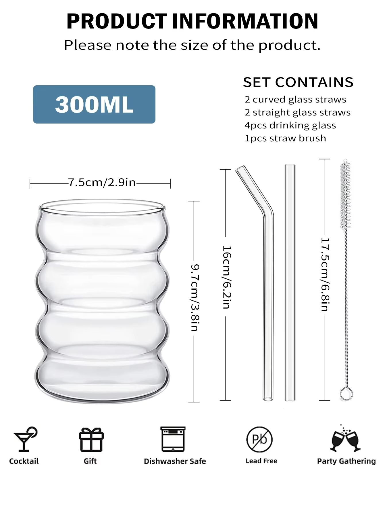 Vintage Ribbed Glass Cups with Straws – 4-Piece Aesthetic Drinking Glassware Set for Coffee, Tea & More
