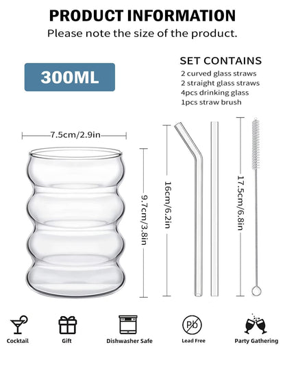 Vintage Ribbed Glass Cups with Straws – 4-Piece Aesthetic Drinking Glassware Set for Coffee, Tea & More