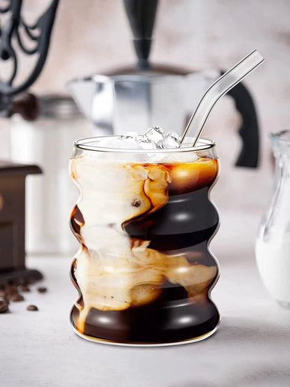 Vintage Ribbed Glass Cups with Straws – 4-Piece Aesthetic Drinking Glassware Set for Coffee, Tea & More
