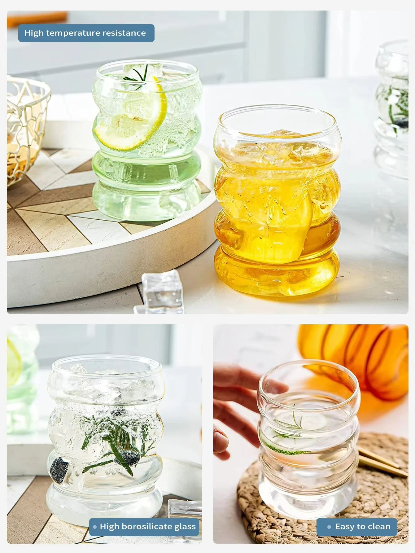 Vintage Ribbed Glass Cups with Straws – 4-Piece Aesthetic Drinking Glassware Set for Coffee, Tea & More
