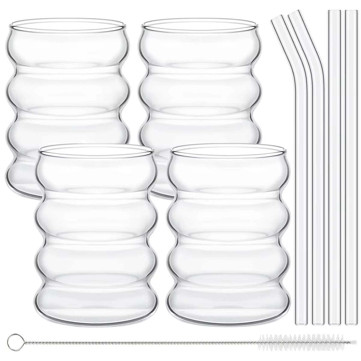 Vintage Ribbed Glass Cups with Straws – 4-Piece Aesthetic Drinking Glassware Set for Coffee, Tea & More