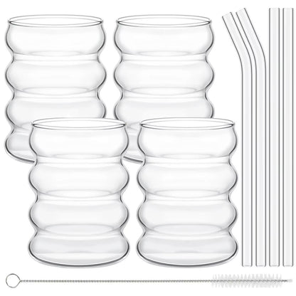 Vintage Ribbed Glass Cups with Straws – 4-Piece Aesthetic Drinking Glassware Set for Coffee, Tea & More