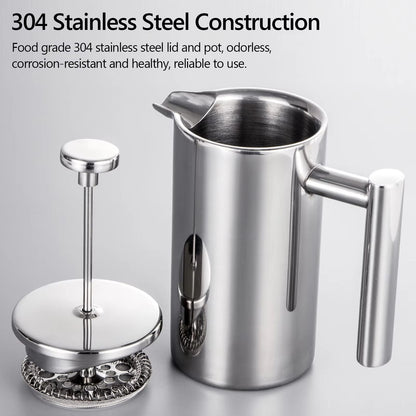 Stainless Steel French Press Coffee Maker – Double Wall Insulated Coffee Pot (11.83fl oz / 27.05fl oz / 33.81fl oz)