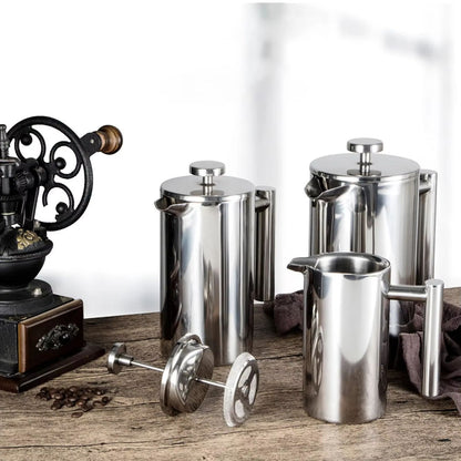 Stainless Steel French Press Coffee Maker – Double Wall Insulated Coffee Pot (11.83fl oz / 27.05fl oz / 33.81fl oz)