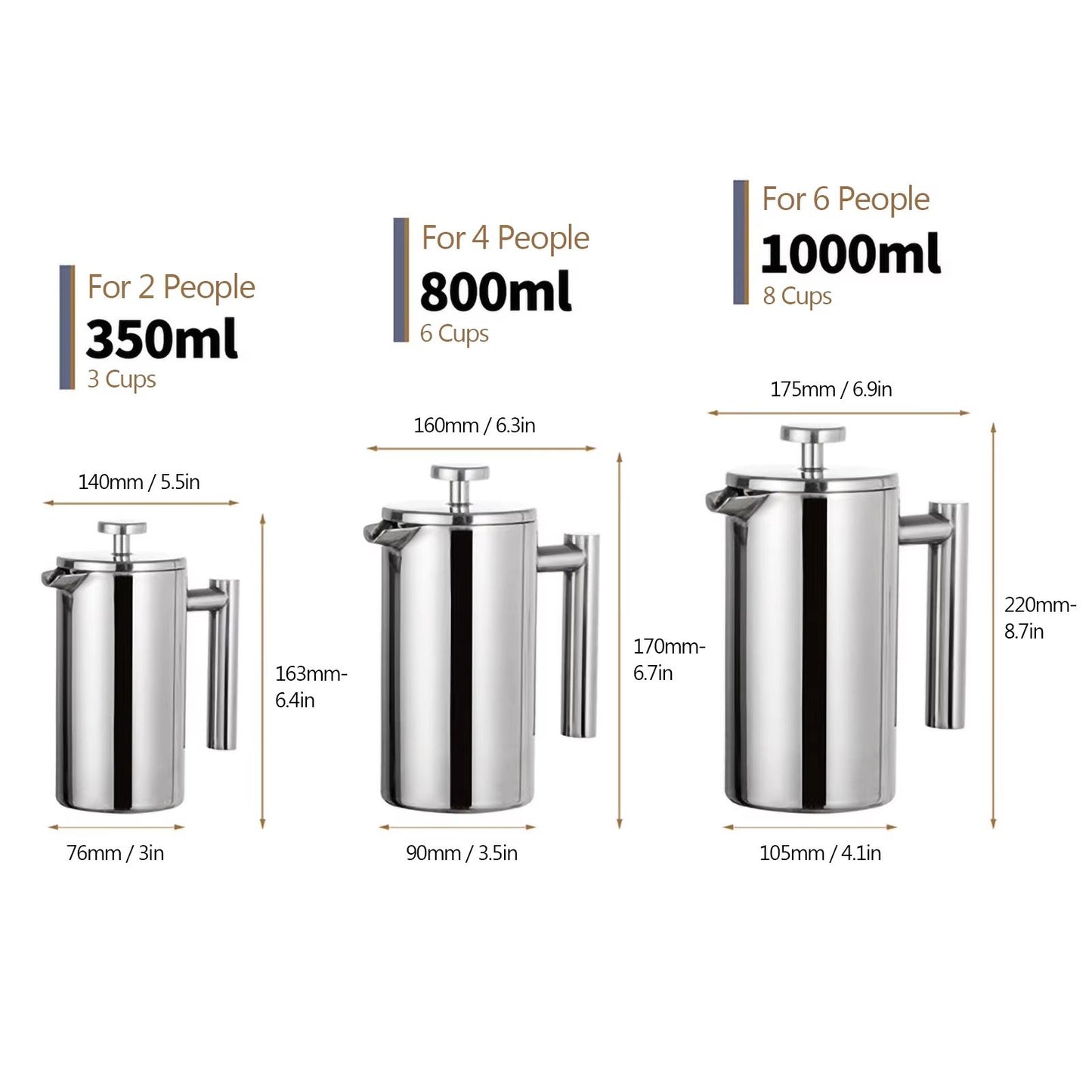 Stainless Steel French Press Coffee Maker – Double Wall Insulated Coffee Pot (11.83fl oz / 27.05fl oz / 33.81fl oz)