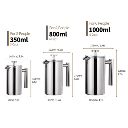 Stainless Steel French Press Coffee Maker – Double Wall Insulated Coffee Pot (11.83fl oz / 27.05fl oz / 33.81fl oz)