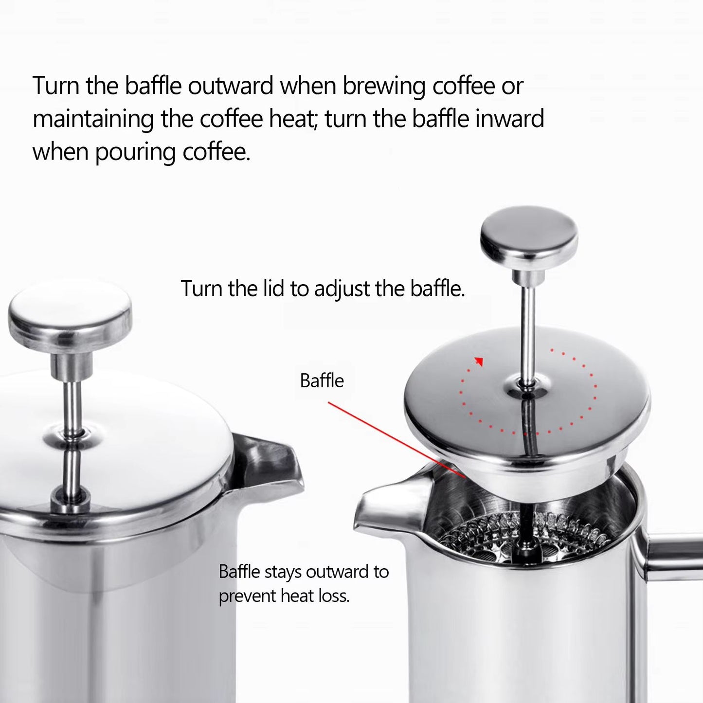 Stainless Steel French Press Coffee Maker – Double Wall Insulated Coffee Pot (11.83fl oz / 27.05fl oz / 33.81fl oz)