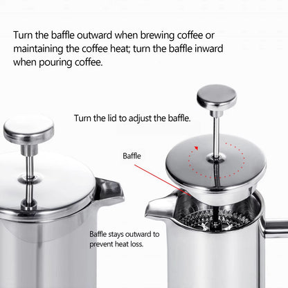 Stainless Steel French Press Coffee Maker – Double Wall Insulated Coffee Pot (11.83fl oz / 27.05fl oz / 33.81fl oz)