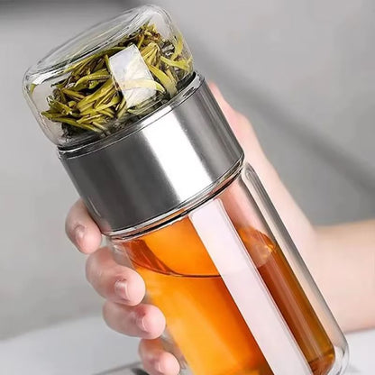 High Borosilicate Glass Tea Infuser Water Bottle with Double Layer Tumbler – 14.20fl oz