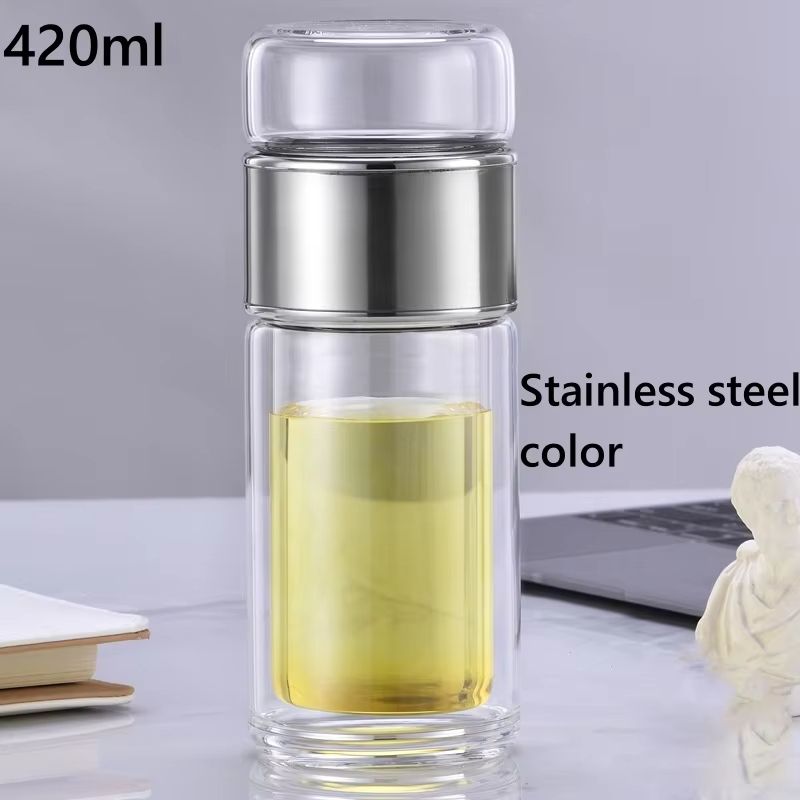 High Borosilicate Glass Tea Infuser Water Bottle with Double Layer Tumbler – 14.20fl oz