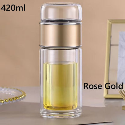 High Borosilicate Glass Tea Infuser Water Bottle with Double Layer Tumbler – 14.20fl oz