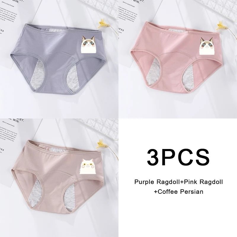 3 Pack Women Cotton Menstrual Briefs Leakproof High Absorption Postpartum Underwear