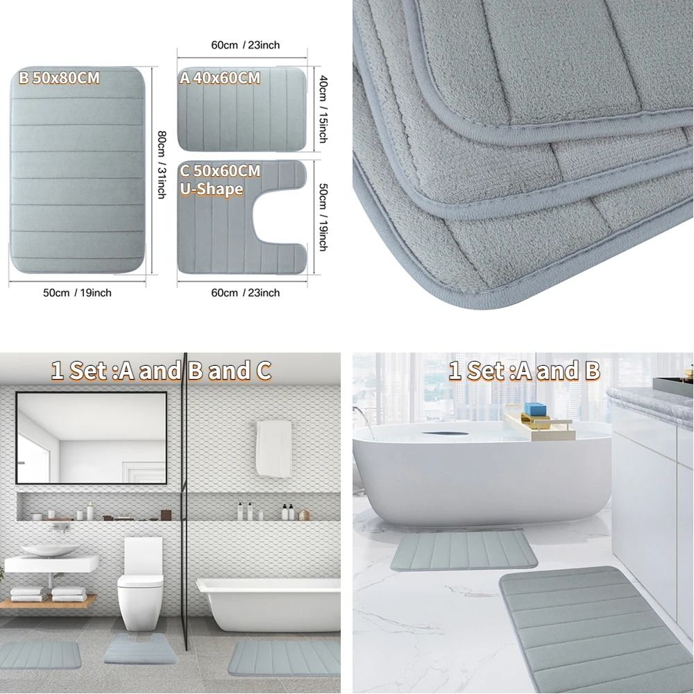 Super Absorbent Memory Foam Bath Mat Set Non Slip Bathroom Rug and Shower Room Doormat