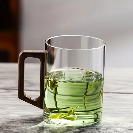 Glass Coffee Mug with Walnut Handle - Heat-Resistant 13.53fl oz Large Capacity Tea & Drinking Cup