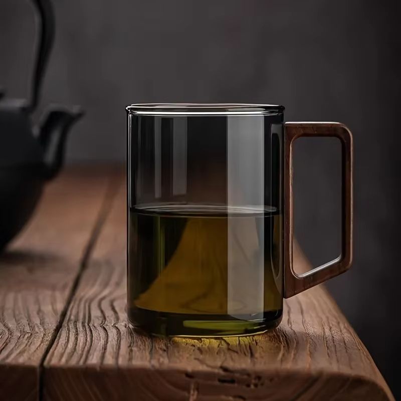 Glass Coffee Mug with Walnut Handle - Heat-Resistant 13.53fl oz Large Capacity Tea & Drinking Cup
