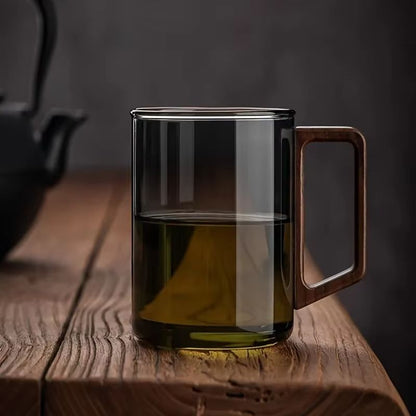Glass Coffee Mug with Walnut Handle - Heat-Resistant 13.53fl oz Large Capacity Tea & Drinking Cup