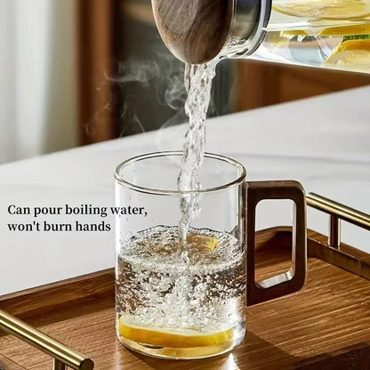 Glass Coffee Mug with Walnut Handle - Heat-Resistant 13.53fl oz Large Capacity Tea & Drinking Cup