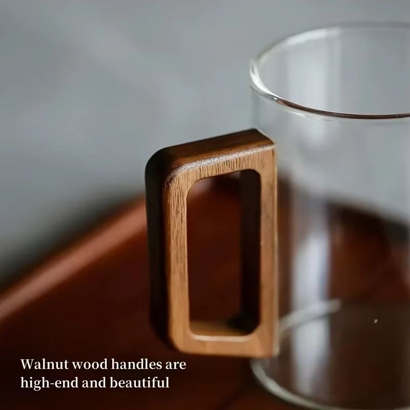 Glass Coffee Mug with Walnut Handle - Heat-Resistant 13.53fl oz Large Capacity Tea & Drinking Cup