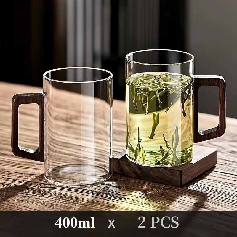 Glass Coffee Mug with Walnut Handle - Heat-Resistant 13.53fl oz Large Capacity Tea & Drinking Cup