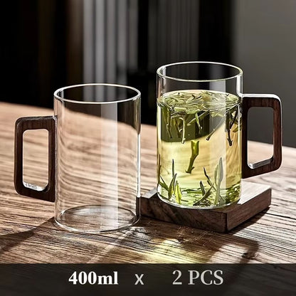 Glass Coffee Mug with Walnut Handle - Heat-Resistant 13.53fl oz Large Capacity Tea & Drinking Cup