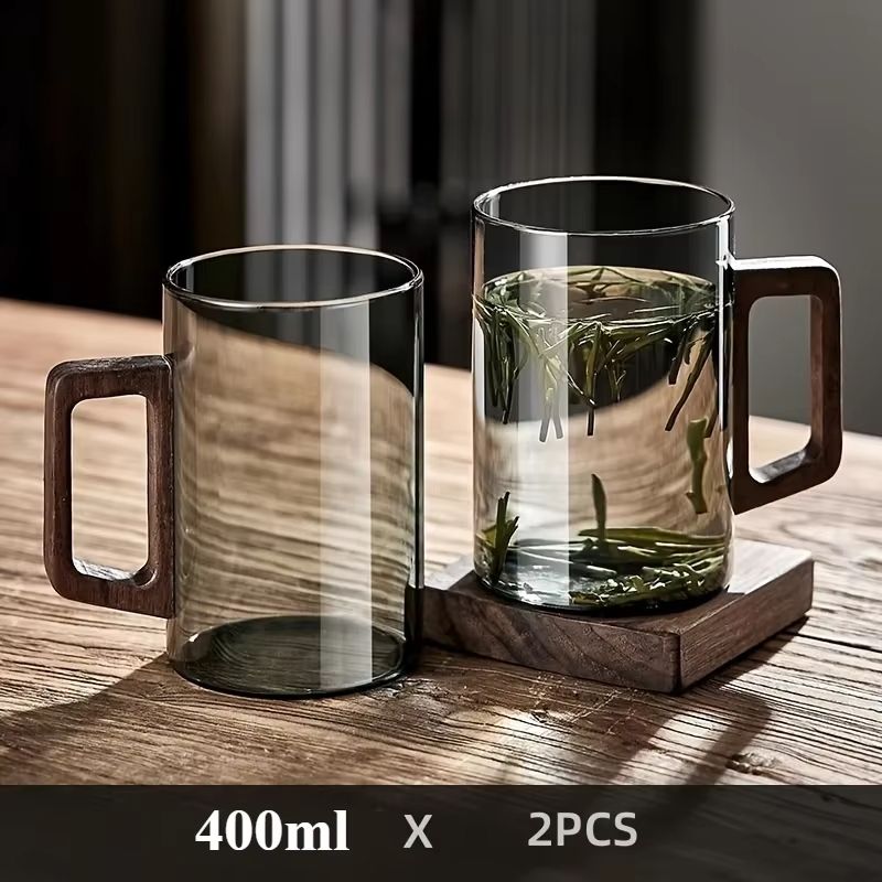 Glass Coffee Mug with Walnut Handle - Heat-Resistant 13.53fl oz Large Capacity Tea & Drinking Cup
