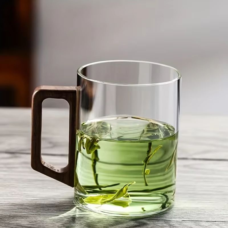 Glass Coffee Mug with Walnut Handle - Heat-Resistant 13.53fl oz Large Capacity Tea & Drinking Cup