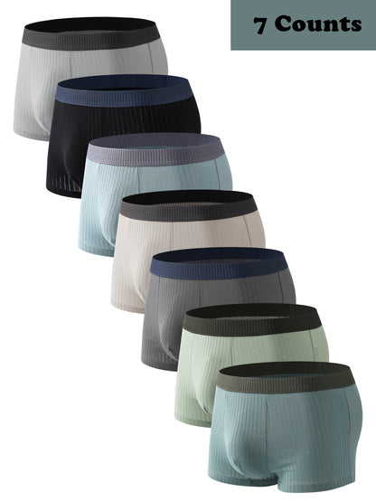 Mens 7 Pack Cotton Boxers Underwear Ribbed Soft Breathable Boxer Shorts with Colorful Waistbands Everyday Comfort