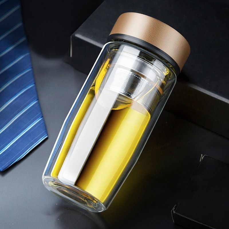 Double deck glass cup portable tea milk coffee glass cup with lid thermal insulation anti scald drinking water cup
