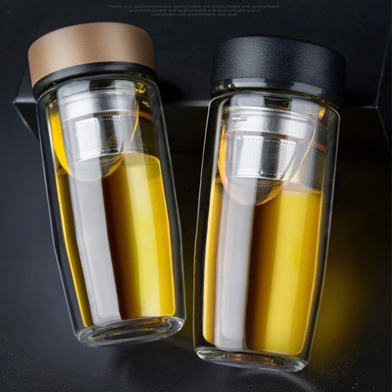 Double deck glass cup portable tea milk coffee glass cup with lid thermal insulation anti scald drinking water cup