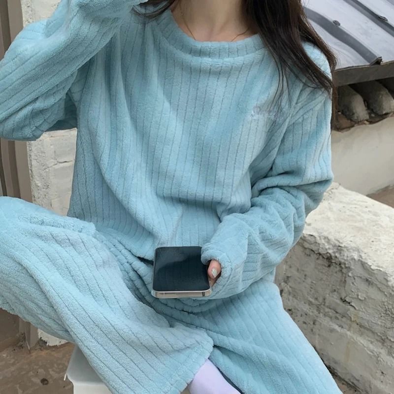 Women thick velvet ribbed fleece pullover and pants loungewear set