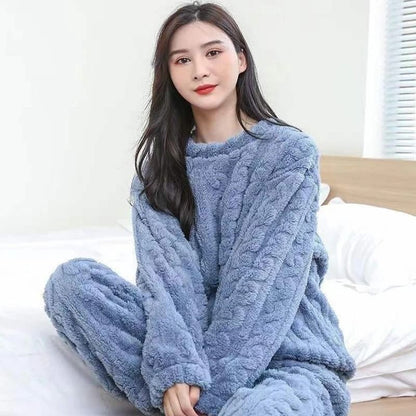 Women thick velvet ribbed fleece pullover and pants loungewear set