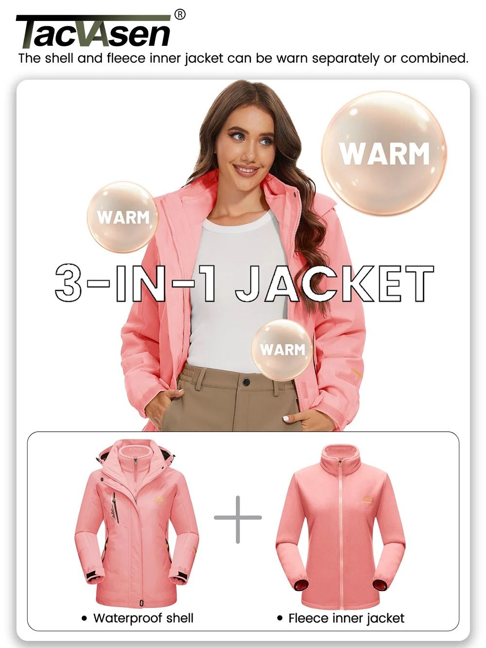 TACVASEN 3in1 waterproof fleece jacket women rain ski parka