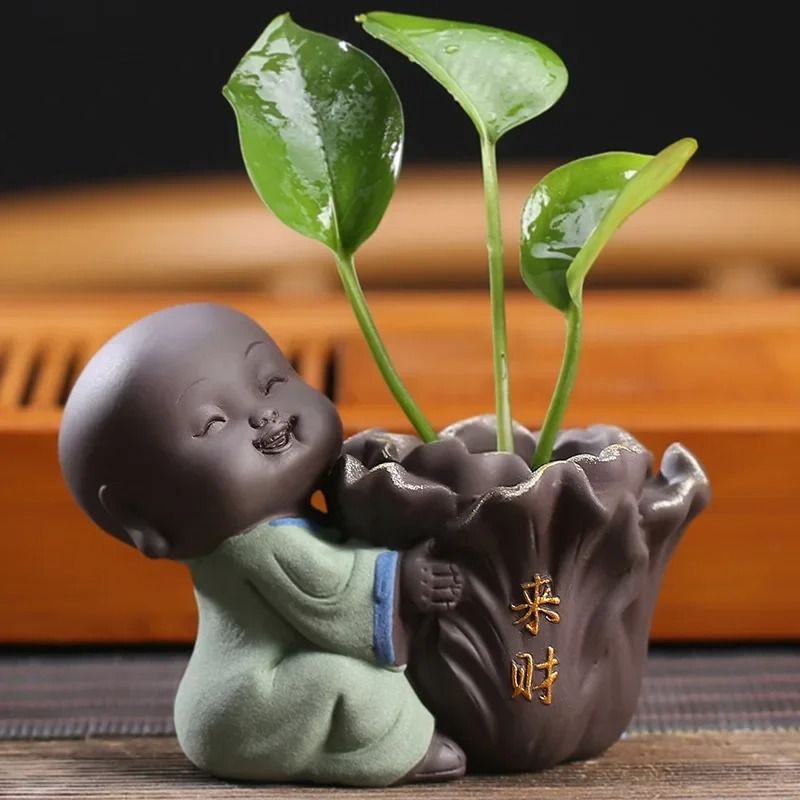 Cute little monk purple clay tea pet vase mini planter home decor