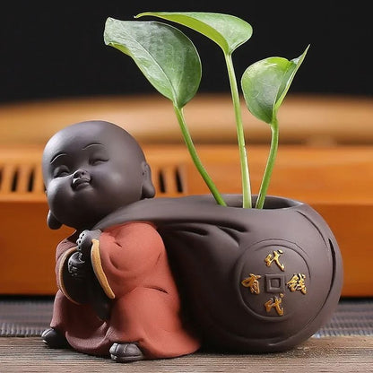 Cute little monk purple clay tea pet vase mini planter home decor