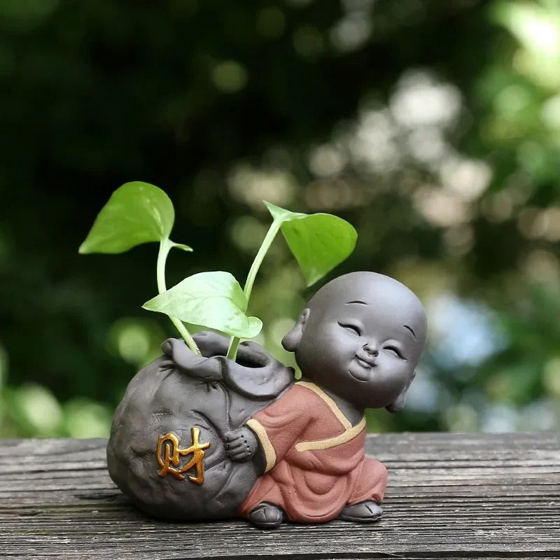 Cute little monk purple clay tea pet vase mini planter home decor
