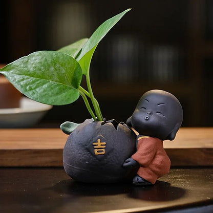 Cute little monk purple clay tea pet vase mini planter home decor