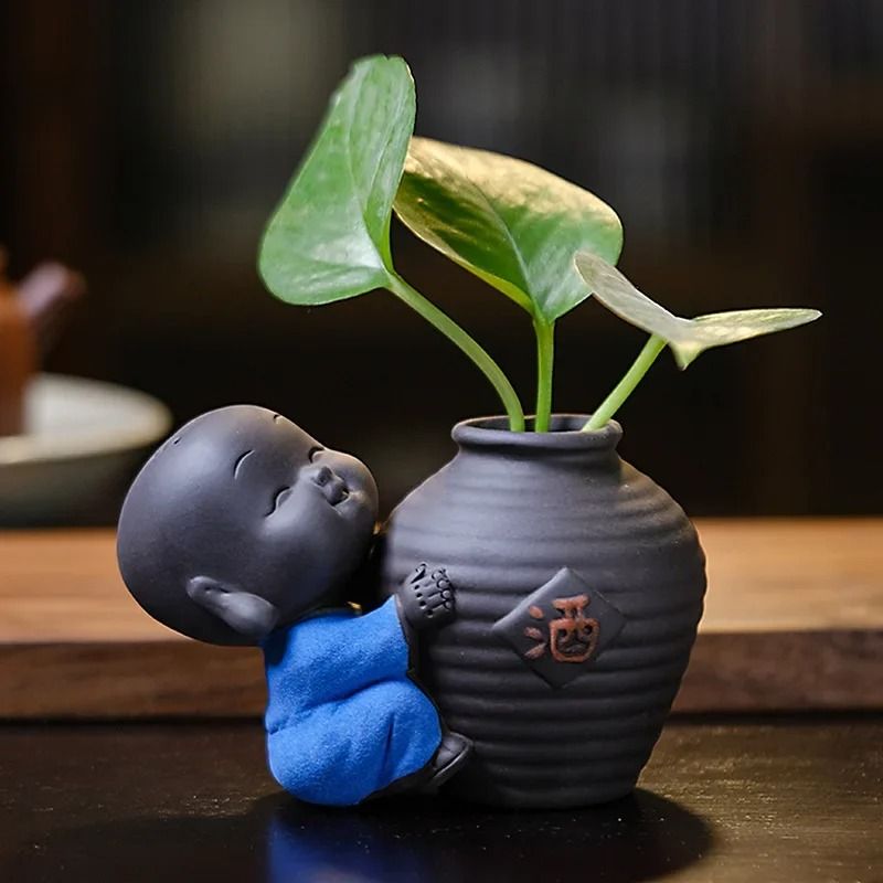 Cute little monk purple clay tea pet vase mini planter home decor