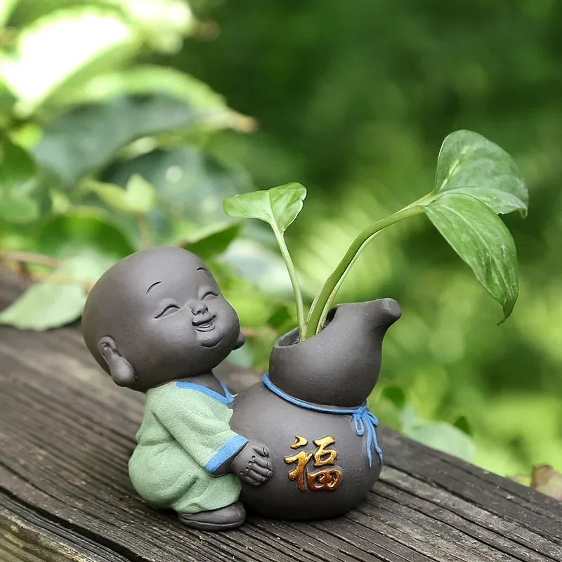 Cute little monk purple clay tea pet vase mini planter home decor