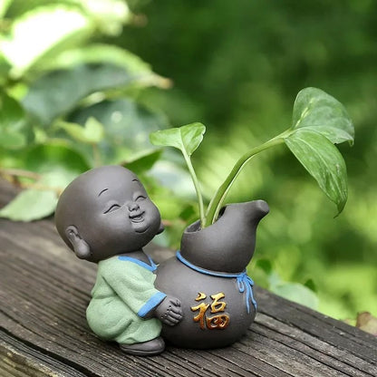 Cute little monk purple clay tea pet vase mini planter home decor
