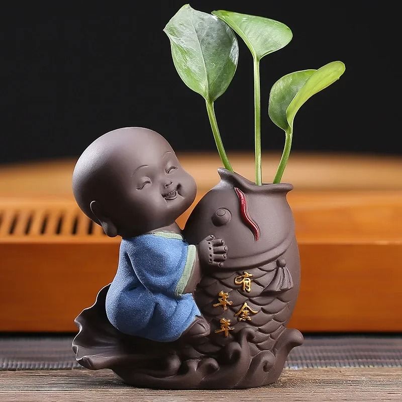 Cute little monk purple clay tea pet vase mini planter home decor