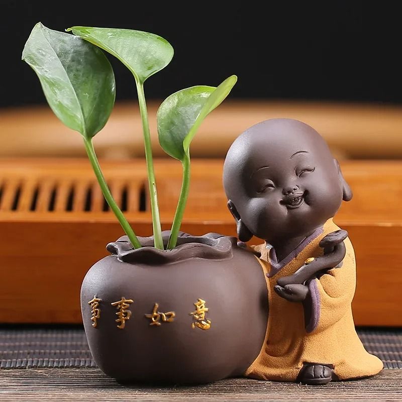 Cute little monk purple clay tea pet vase mini planter home decor