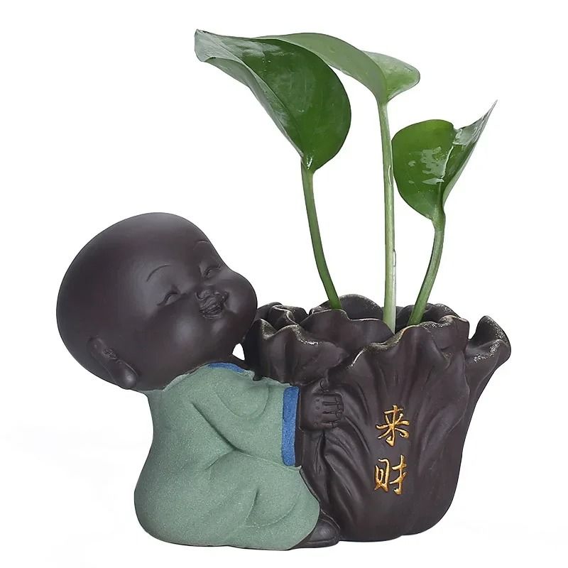 Cute little monk purple clay tea pet vase mini planter home decor